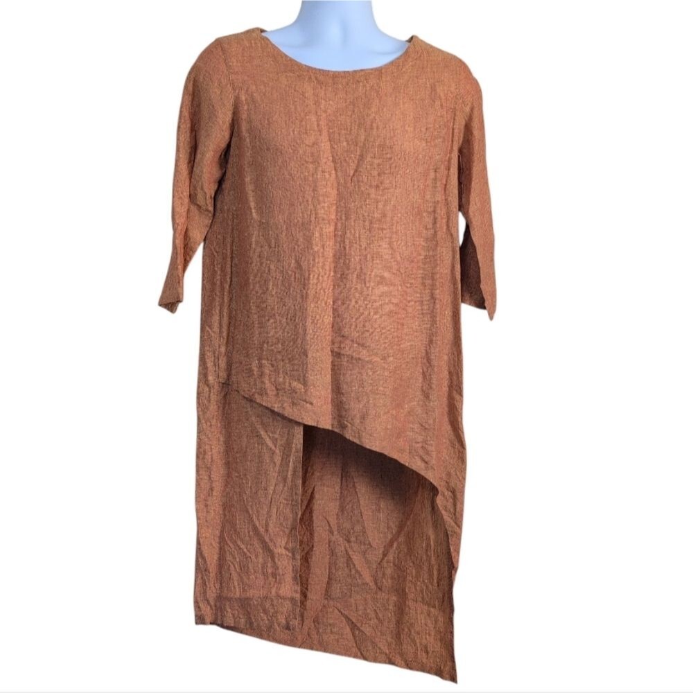 Vivid 100% Linen Asymmetrical tunic top golden brown size Small